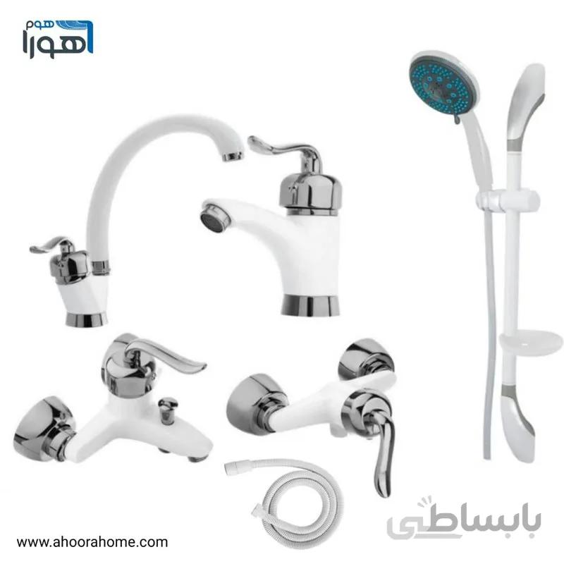 ست شیرآلات مدل شاپرک سفید کروم + علم دوش یونیکا + شلنگ توالت