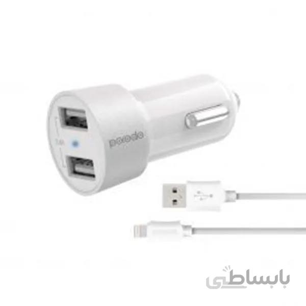 شارژ فندکی پرودو با 2 خروجی + کابل مایکرو ا Porodo Dual USB Car Charger 3.4A with Micro USB Cable 4ft. - White