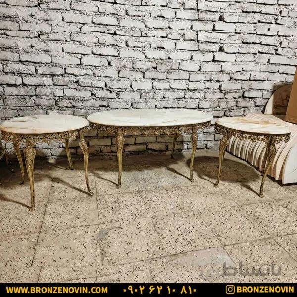 میز جلو مبلی برنز و میز عسلی برنزی طرح گل نقلی