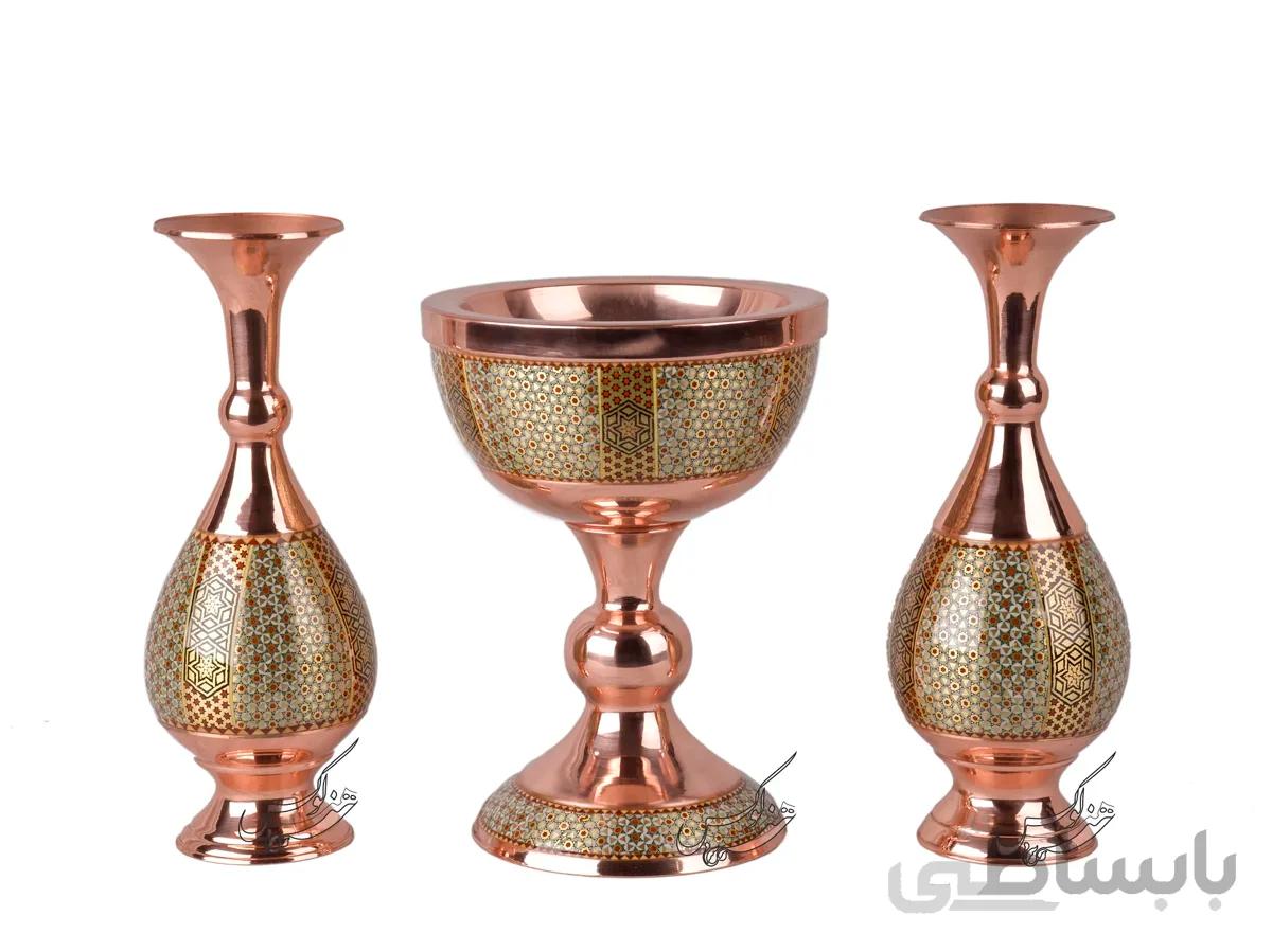 ست گلدان و سنگاب مس و خاتم کاری