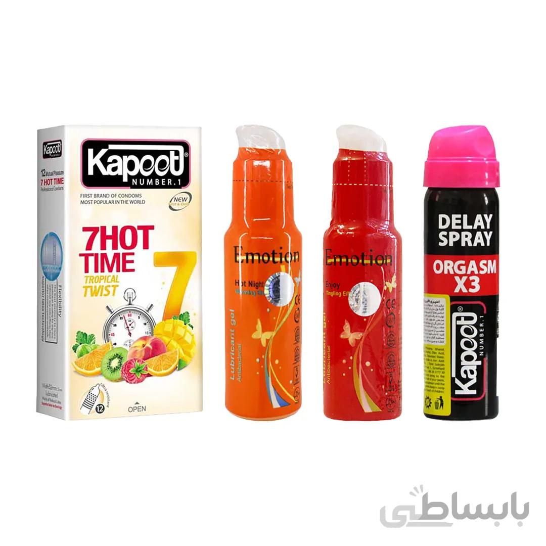 پکیج زناشویی گرم (کاندوم 7 کاره گرم - روان کننده گرم - تنگ کننده - اسپری تاخیری)