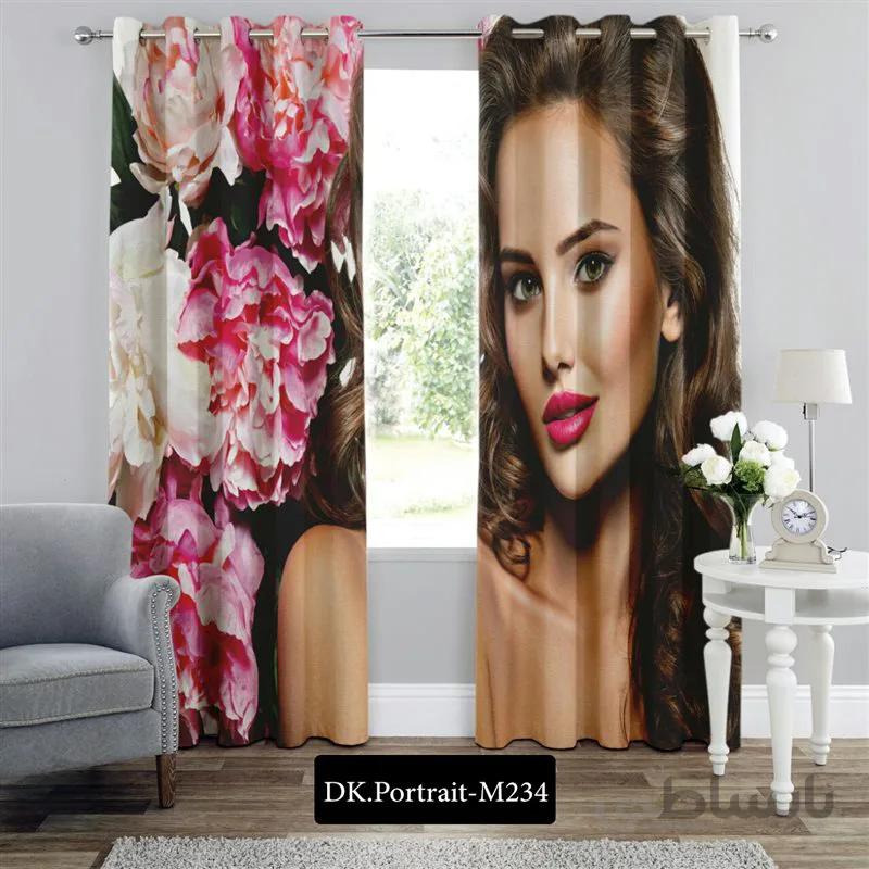 پرده پانچی (هازان و مخمل) کد DK.Portrait.M234 طرح چهره دختر و گل ها