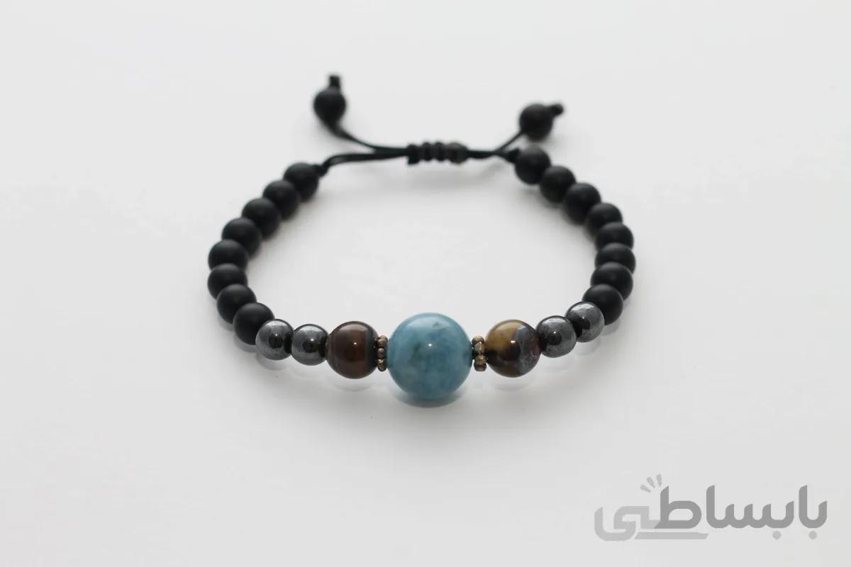 دستبند سنگ اصل آکوآمارین، چشم ببر ، حدید، اونیکس کد BT-302