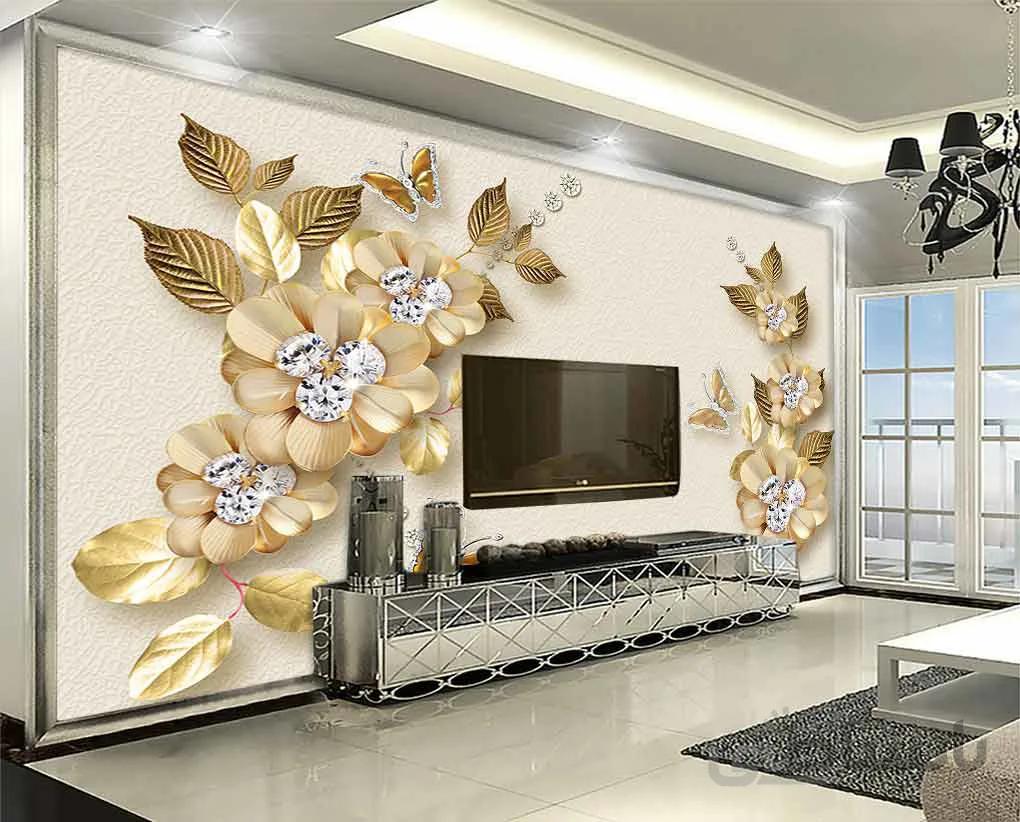 کاغذ دیواری سه بعدی گل های نگینی طلایی