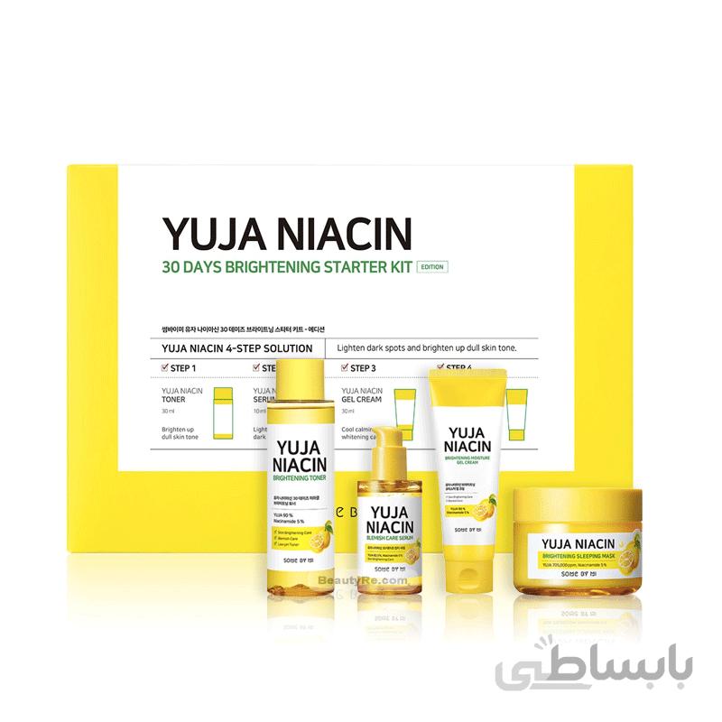 کیت درمانی 30 روزه روشن کننده و ضدلک قوی یوجا نیاسین سام بای می Some By Mi Yuja Niacin 30 Days Brightening Starter Kit (Toner 30ml+Serum 10ml+Gel Cream 30g+Sleeping Mask 20g)