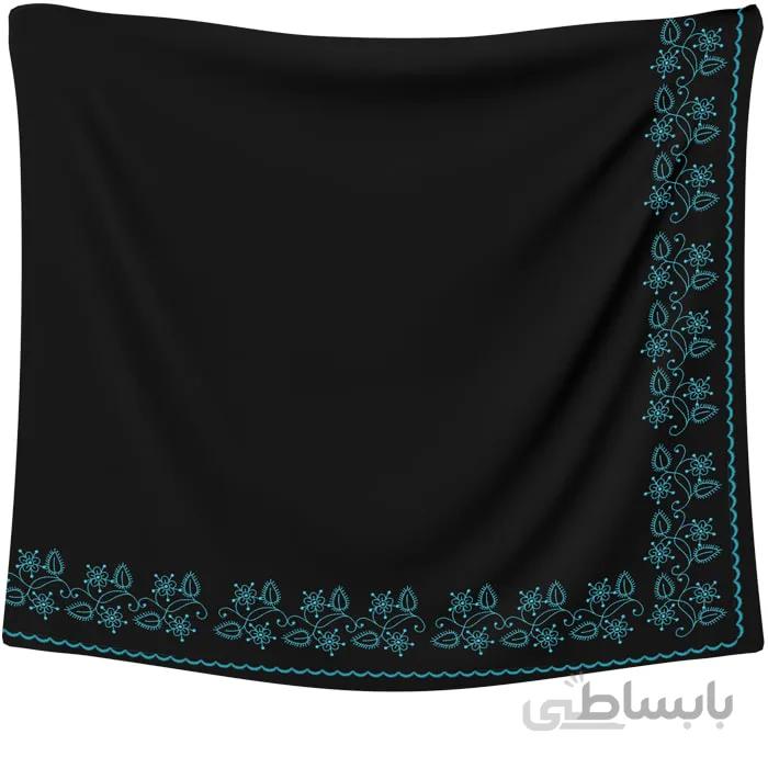 روسری حریر مشکی گلدوزی گل آبی