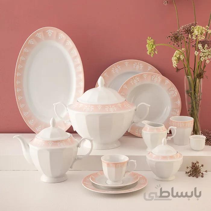 سرویس چینی زرین 12 نفره کامل او آسیس صورتی (103 پارچه) ا Zarin Iran Neo-Classic Oasis-Pink 103 Pieces FDC Dinnerware Set