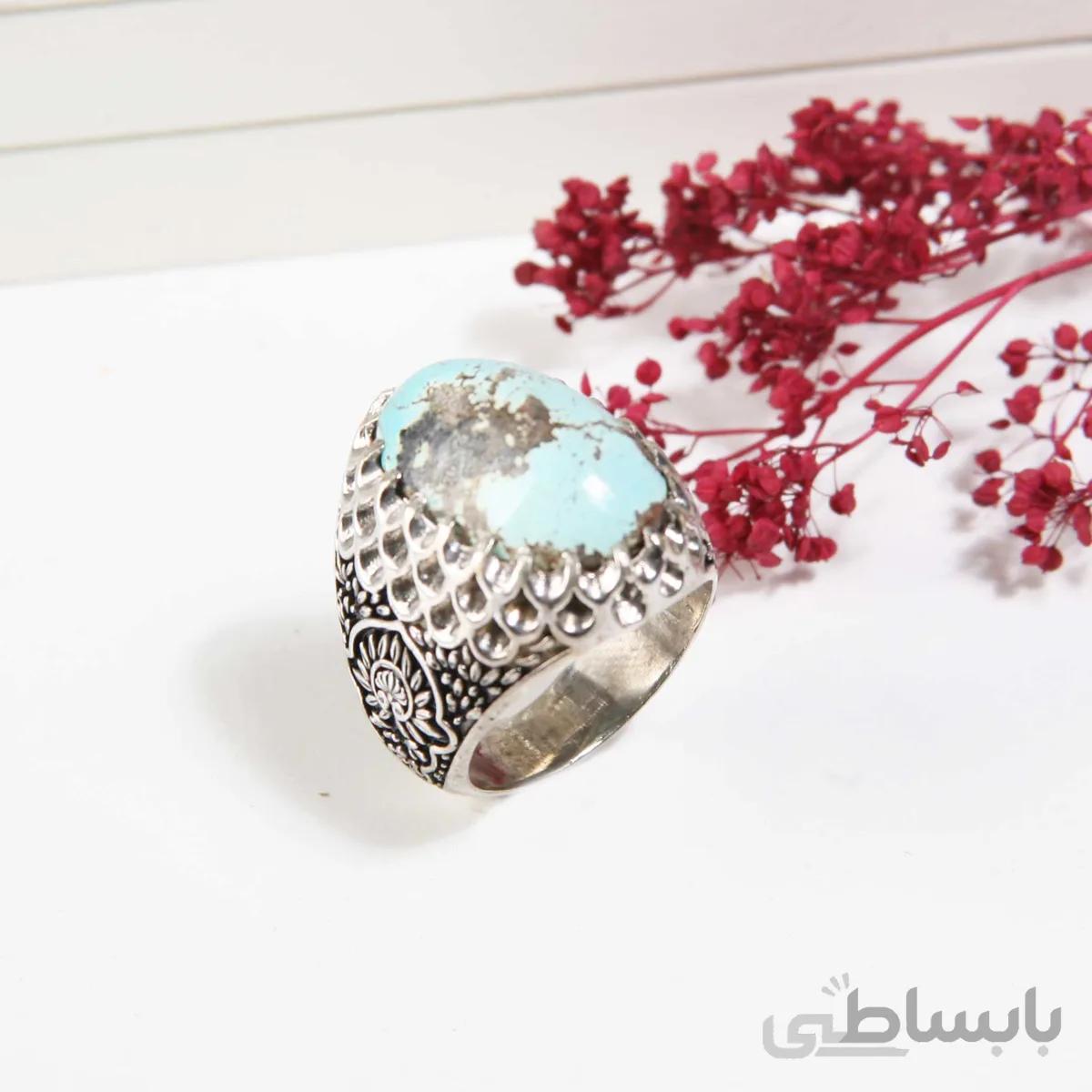 انگشتر نقره مردانه با سنگ فیروزه نیشابور معدنی کد 4646