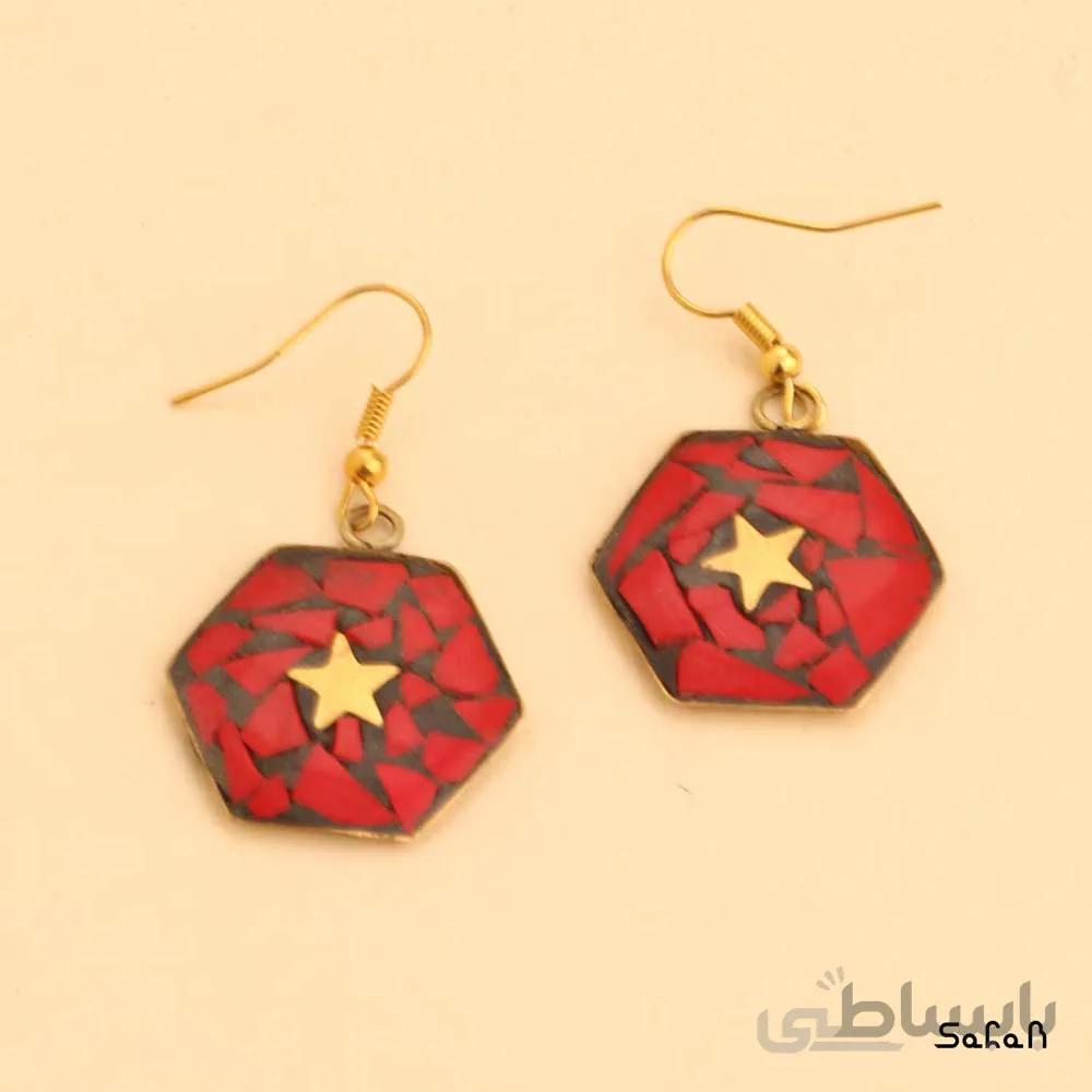 گوشواره سنگی رنگی هندی قلاب دار شش ضلعی