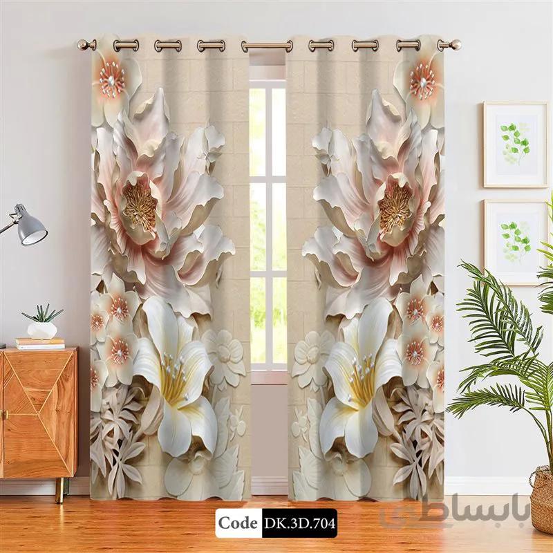 پرده پانچی (هازان و مخمل)کد DK.3D.704 طرح سه بعدی گل ها و دیوار آجری