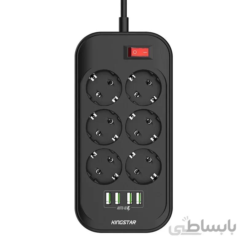 چند راهی ۶ خانه برق ارت دار KingStar KPS5105 با کابل ۲ متری + شارژر USB