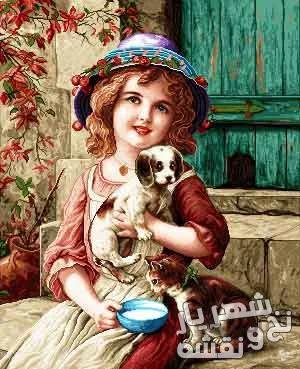 نخ و نقشه تابلو فرش طرح دختر و گربه کد c-7929