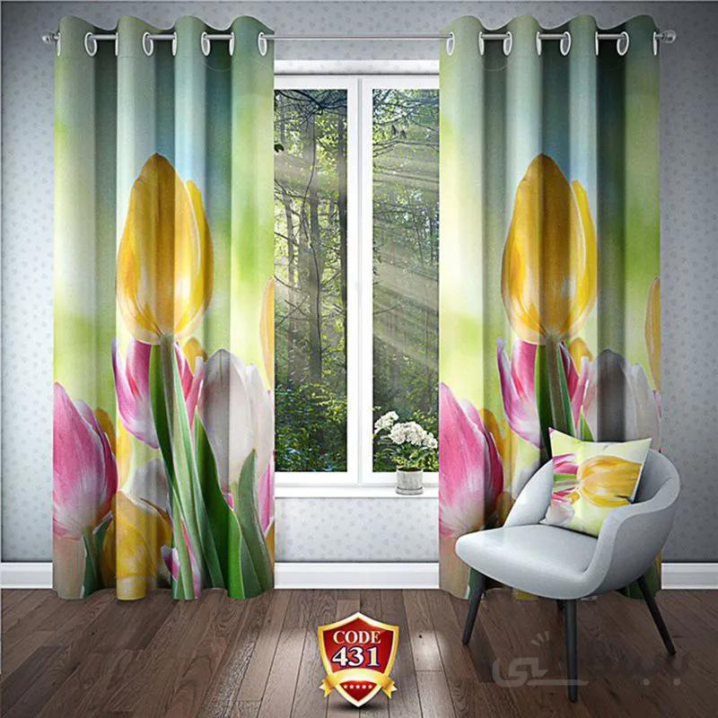 پرده پانچی کد 431-3d-b طرح سه بعدی گل لاله صورتی زرد