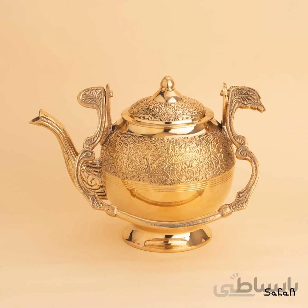 قوری برنجی طلایی دسته دار طرح طاووس مدل نیکا سایز 2