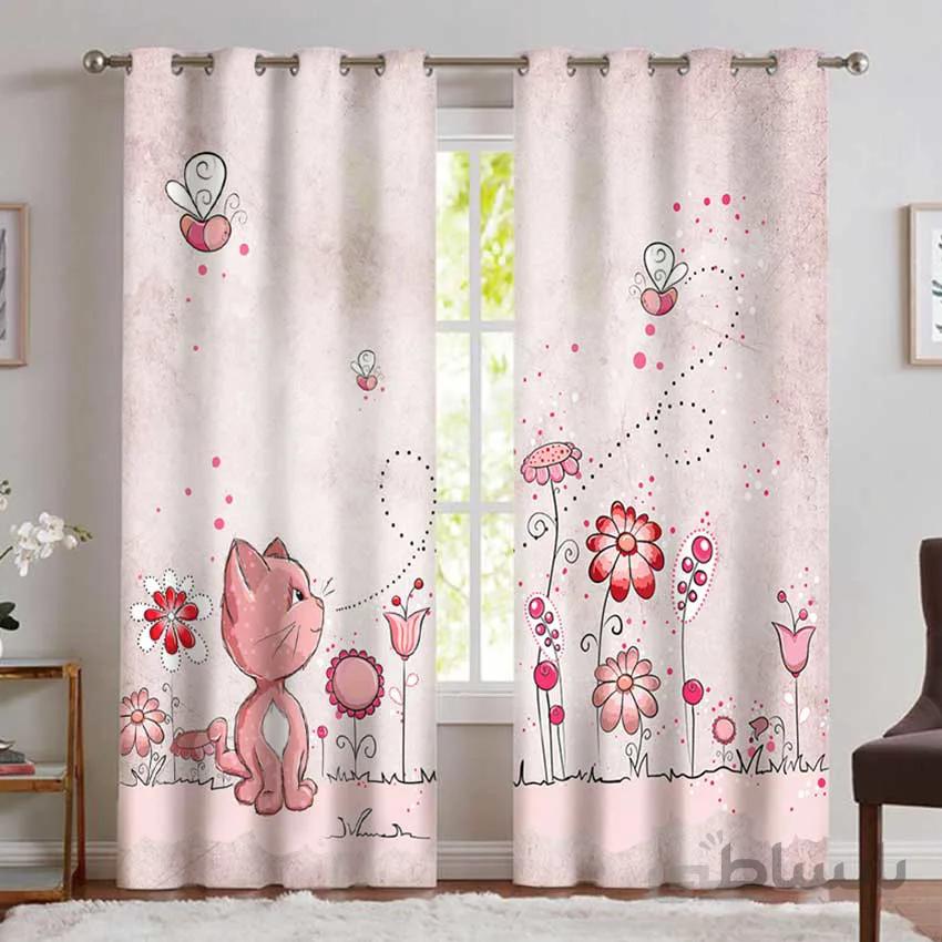 پرده پانچی عروسکی طرح گربه ملوس صورتی با گل های زیبا CS-1031