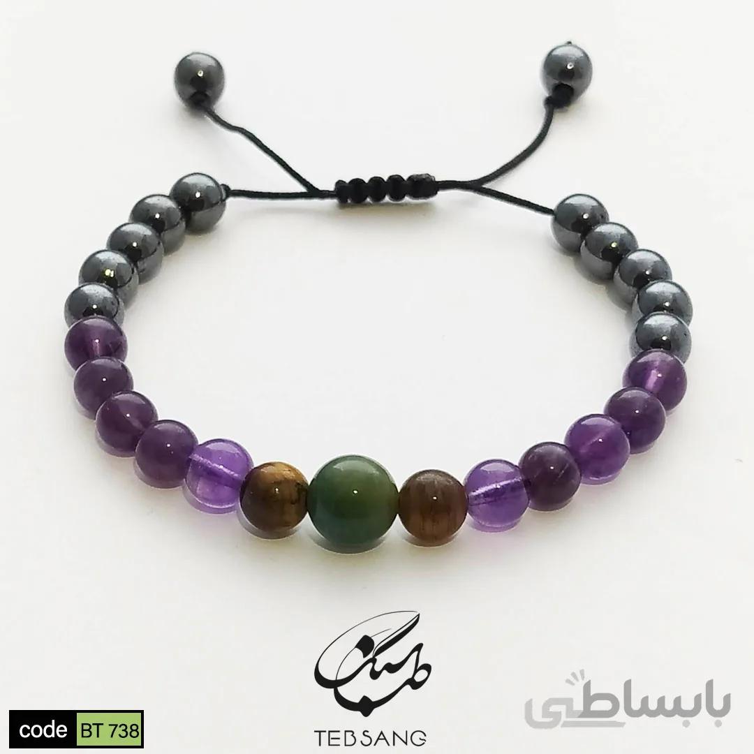 دستبند سنگ عقیق-چشم ببر-آمیتیسیت-حدید کد BT-738