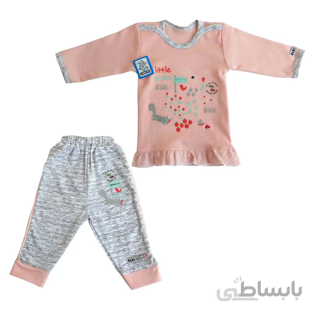 ست تی شرت آستین بلند و شلوار نوزادی بی بی سان طرح باغچه