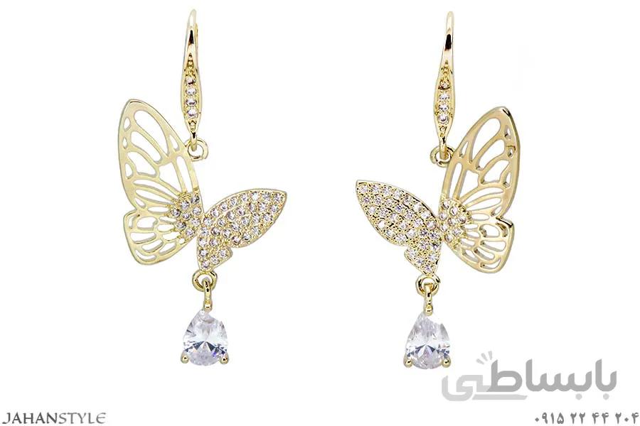 گوشواره آویز پایه نقره طرح پروانه نگین دار