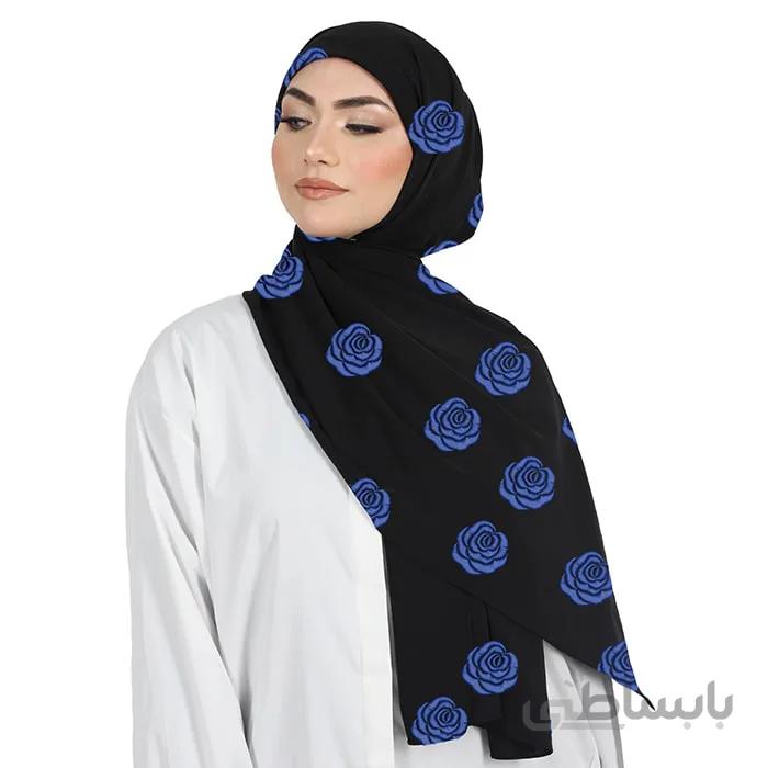 شال حریر مشکی گلدوزی رُز سرمه ای