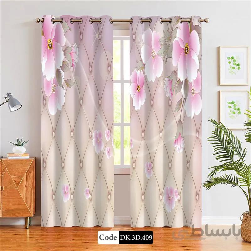 پرده پانچی (هازان و مخمل)کد DK.3D.409 طرح سه بعدی گل های صورتی در باد