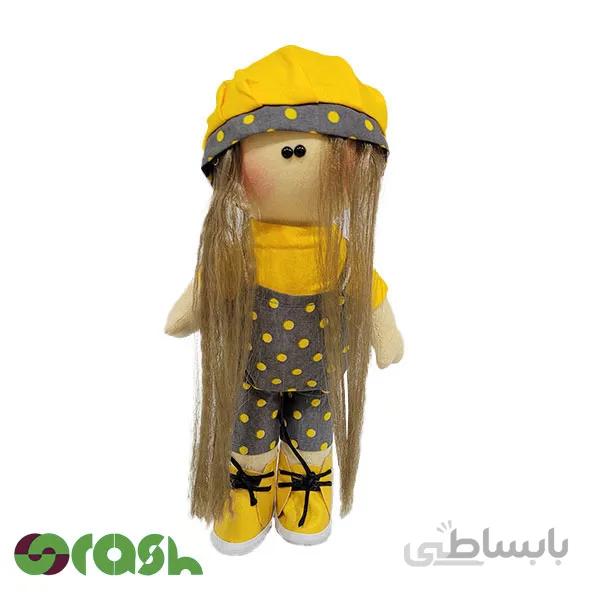 عروسک روسی دختر مو بلند با لباس زرد و شلوار طوسی توپ توپی زرد( ارتفاع 30 سانتی )