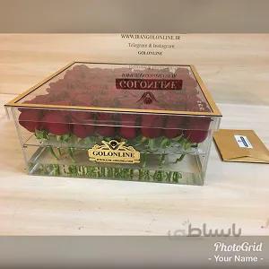 باکس شیشه ای لاکچری با 64 شاخه رز هلندی
