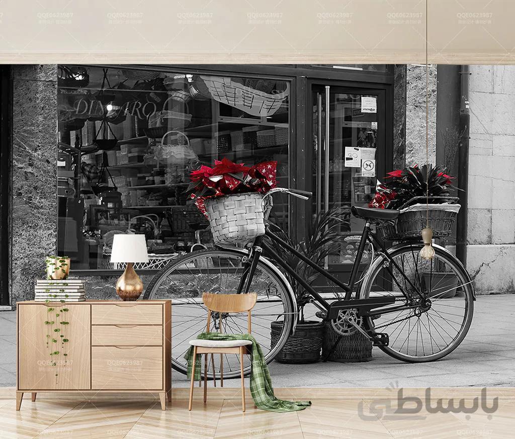 کاغذ دیواری سه بعدی سیاه و سفید دوچرخه قدیمی