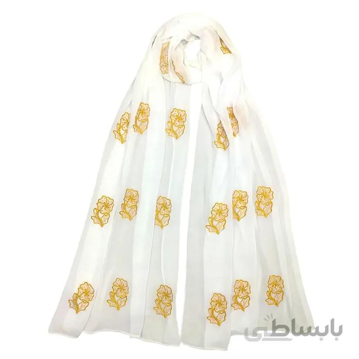 شال حریر سفید گلدوزی گل طلایی