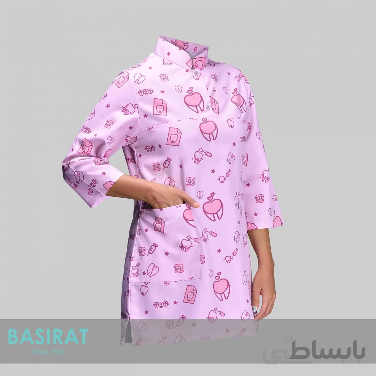 روپوش پزشکی یقه دار زنانه طرح دندان صورتی (تک)