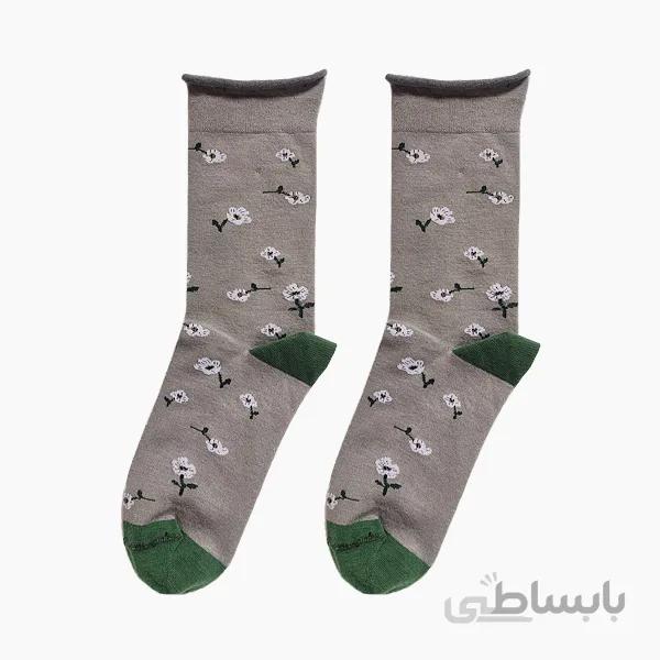 جوراب ساقدار زنانه طوسی با طرح شکوفه سفید کد PH635