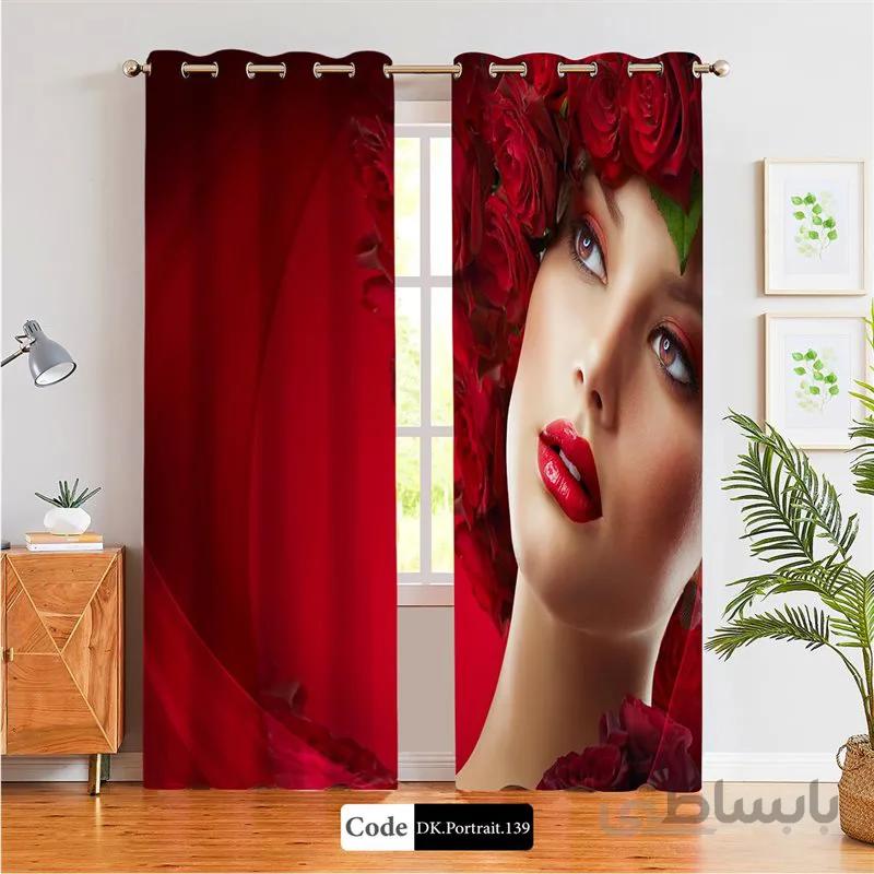 پرده پانچی (هازان و مخمل) کد DK.Portrait.139 طرح چهره زن با تاج گل
