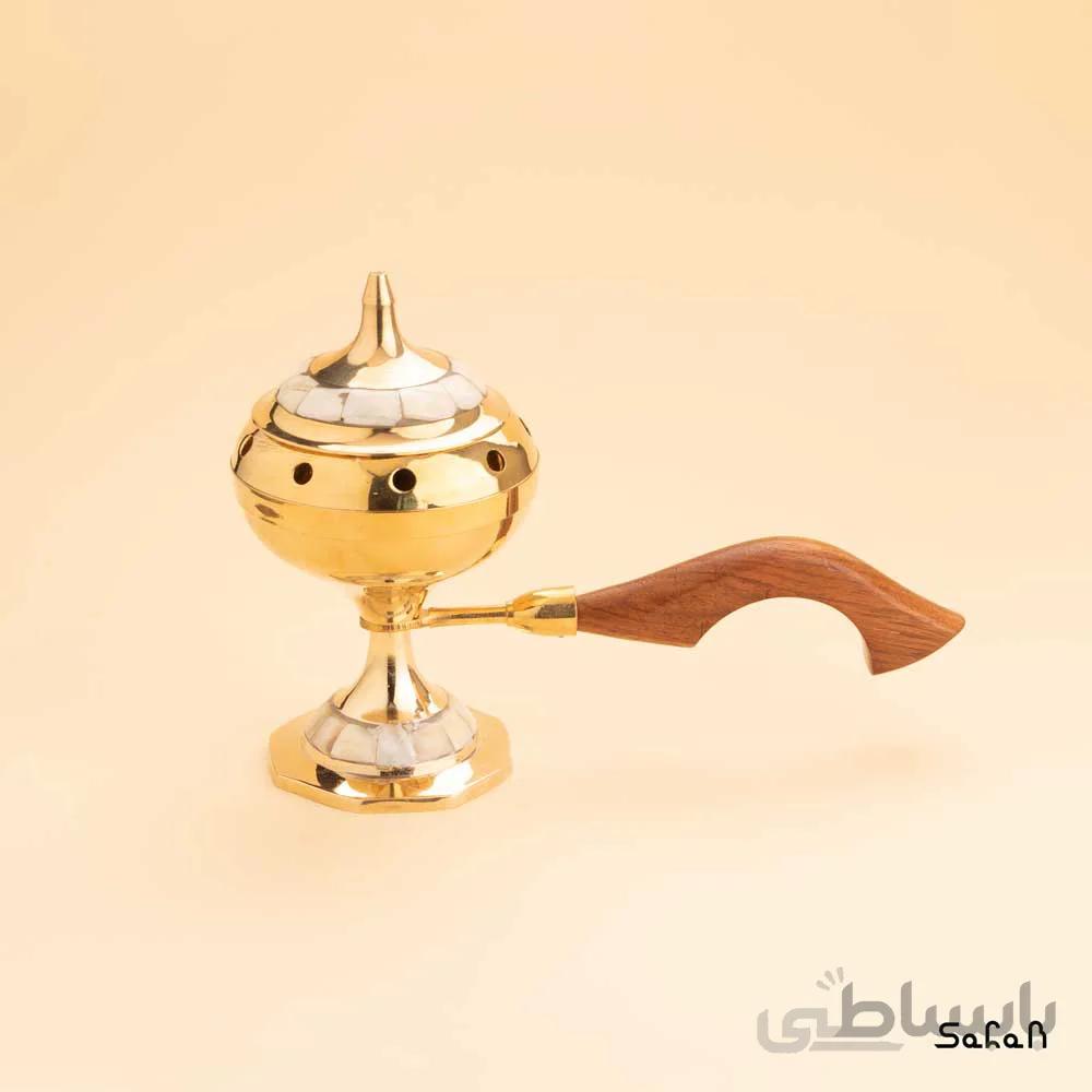 اسپند دود کن برنجی و صدفی طلایی دسته چوبی مدل کرو سایز 3
