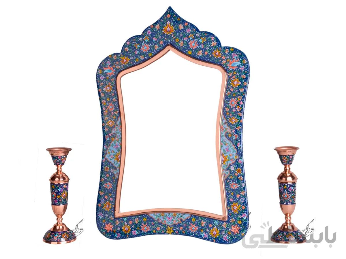 آینه و شمعدان مسی با نقاشی پرداز