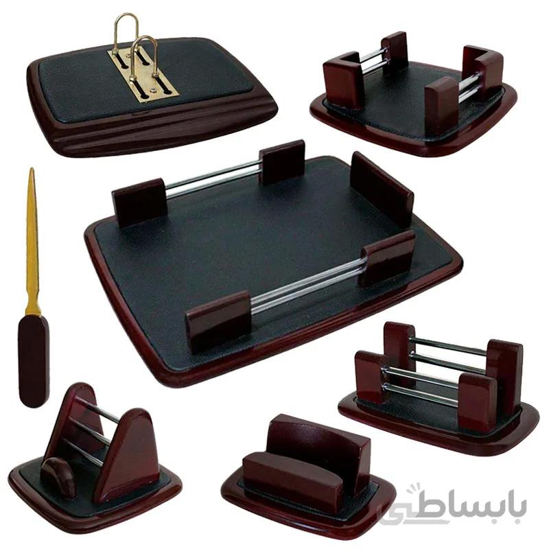 ست اداری رومیزی مدیریتی چرم و چوب شهاب تحریر مجموعه 7 عددی