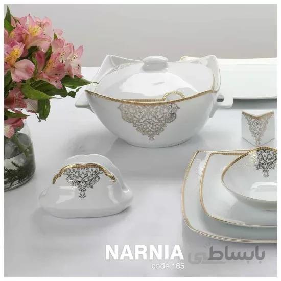 سرویس غذاخوری 12 نفره 105 پارچه چینی پردیس کاشان قالب پاریس طرح نارنیا طلایی 165B
