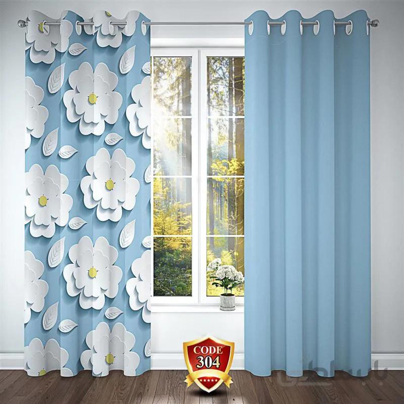 پرده پانچی کد 304-3d-b طرح سه بعدی گل و برگ سفید