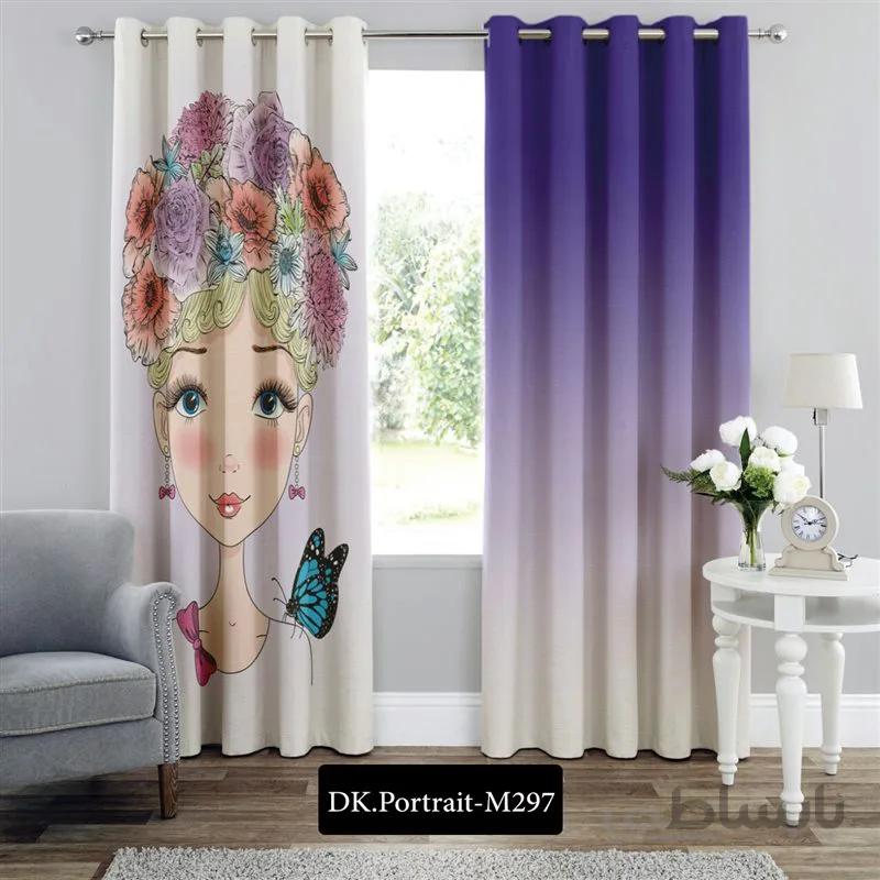 پرده پانچی (هازان و مخمل) کد DK.Portrait.M297 طرح چهره دختر و تاج گل