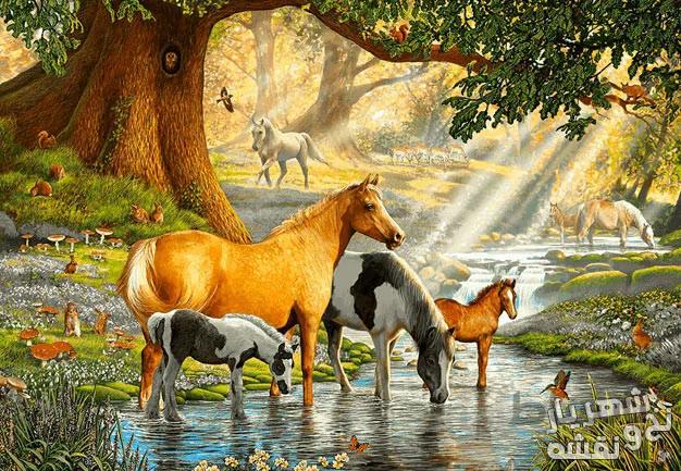 خرید نخ و نقشه تابلو فرش طرح منظره رویایی اسب ها کد J-151