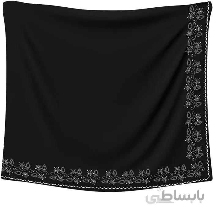 روسری حریر مشکی گلدوزی گل نقره ای