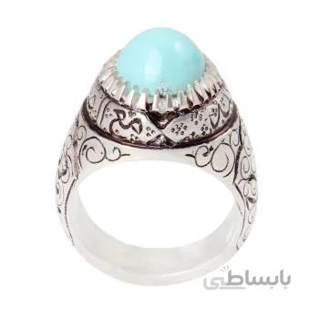 انگشتر نقره مردانه مدل سنگ فیروزه نیشابور رکاب قلم زنی کد am_2014