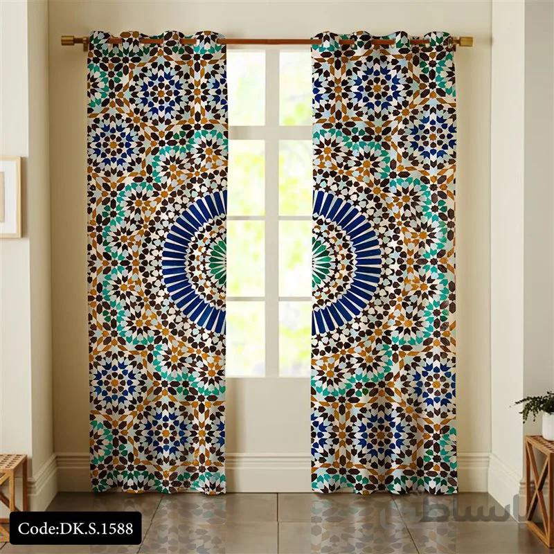 پرده پانچی (هازان و مخمل)کد DK.S.1588 طرح ایرانی و سنتی اسلیمی کاشی های دایره ای