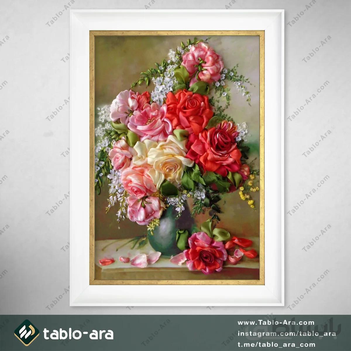 تابلو مخمل گلدان و گل رز