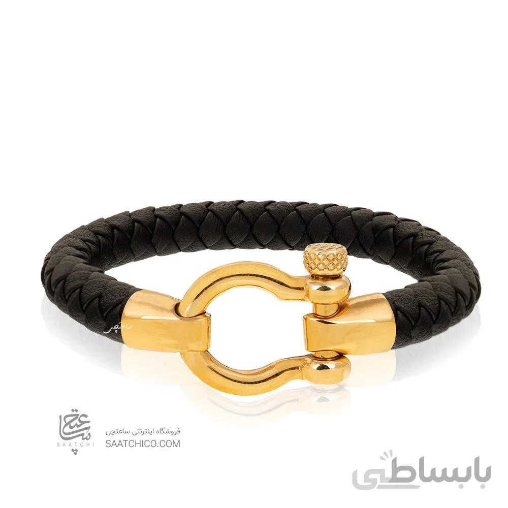 دستبند چرم مردانه با پلاک طلا کد MB151