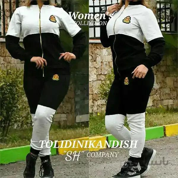 ست زنانه کد 064 سویشرت و شلوار طرح سفید جنس دورس رنگ مشکی ا Dors black and white sweater pants set for girls