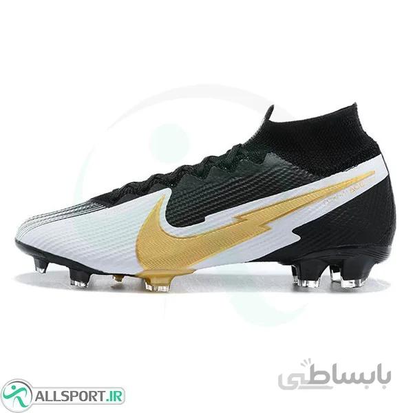 کفش فوتبال نایک مرکوریال طرح اصلی ساقدار سفید مشکی طلایی Nike Mercurial Superfly 7 Elite FG White Black Gold