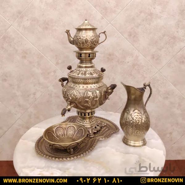 سماور برنجی زغالی ۴ لیتری هخامنش آنتیک با سرویس