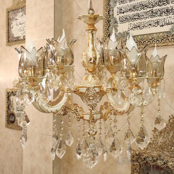 لوستر برنزی طرح گلوریا کرم طلا ۵ شاخه ۱۰ شعله