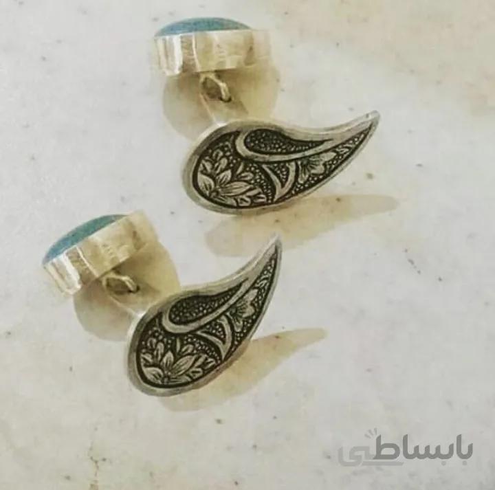 دکمه سرآستین اطلسی نقره و سنگ فیروزه کد ۱۰۲۱۰