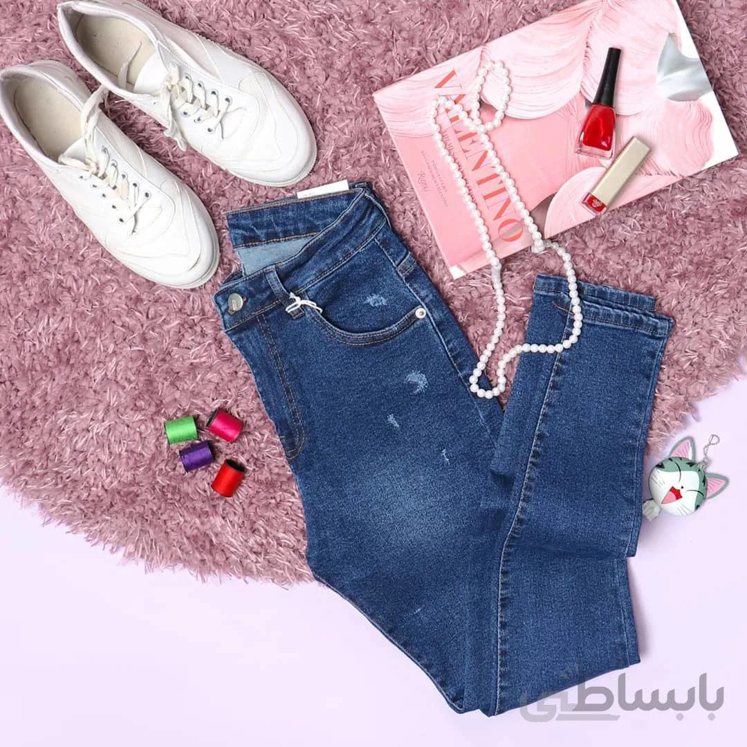 شلوار جین ابی تیره پارچه کجراه قد 90 و 95
