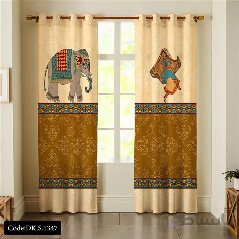 پرده پانچی (هازان و مخمل)کد DK.S.1347 طرح ایرانی و سنتی اسلیمی دختر کولی و فیل